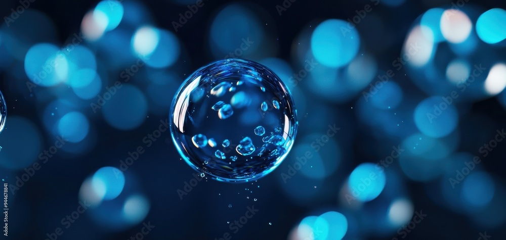 Poster close-up of a floating blue bubble with shimmering reflections, creating a serene and peaceful atmos