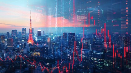 Stock market Forex charts over Tokyo landscape, international trading concept generative ai