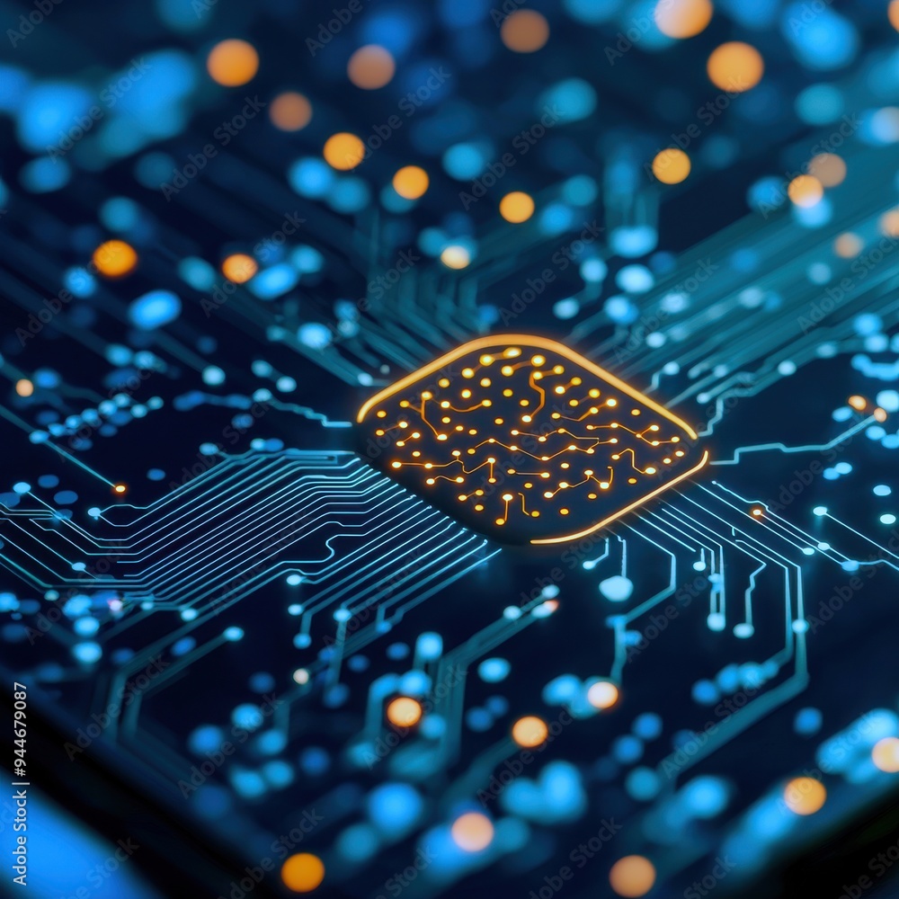 Poster close-up of a microprocessor on a circuit board with glowing connections, showcasing technology and 