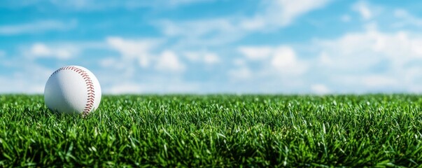 A lone baseball resting on vibrant grass under a clear blue sky, symbolizing leisure and sportsmanship in a picturesque setting.