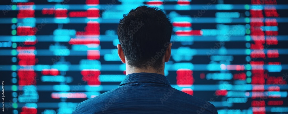 Poster a person observes digital data on a screen, showcasing technology and information processing in a mo