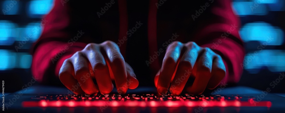 Poster close-up of hands typing on a backlit keyboard in a dark setting, emphasizing technology and digital