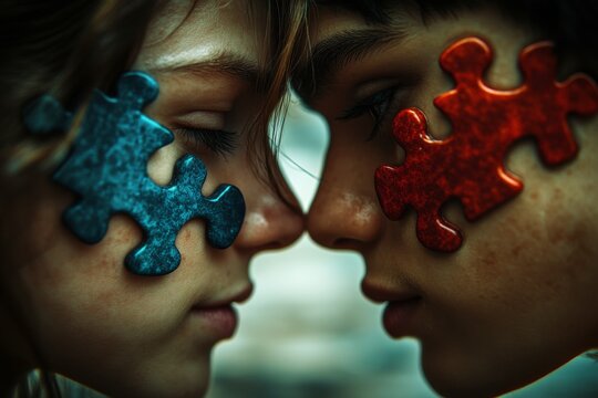 Close up of two faces with interlocking puzzle pieces overlaid on their features symbolizing mental complexity cognitive challenges and the puzzle of human relationships
