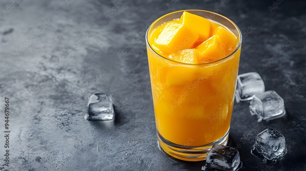 Poster glass of fresh mango juice with ice cubes and copy space for text or graphic overlay refreshing trop