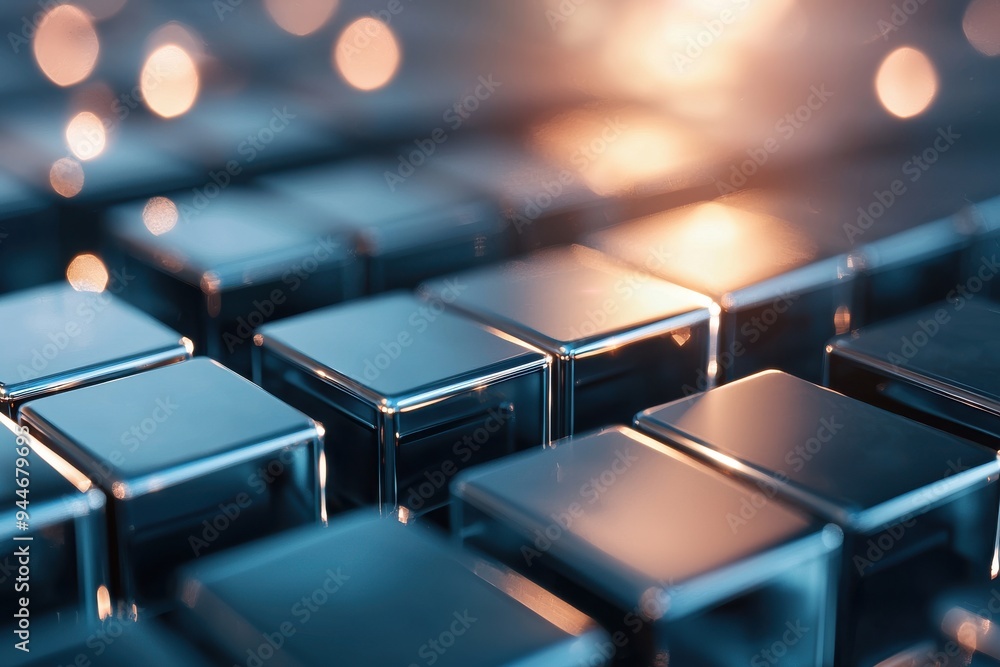 Poster close-up of reflective metal cubes with soft lighting, creating a modern and abstract texture for cr