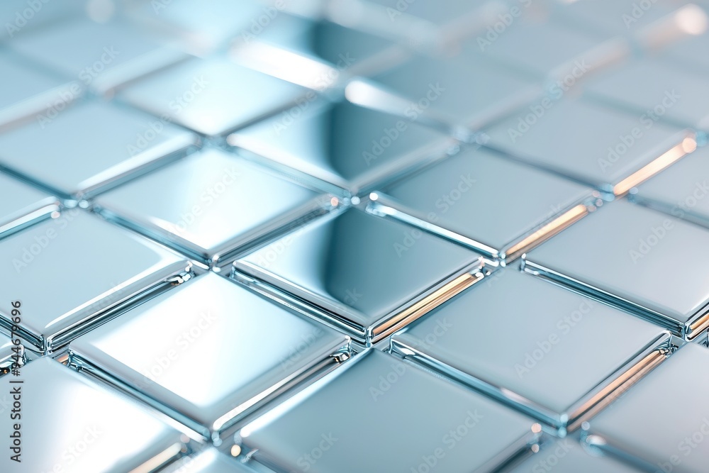Poster close-up of shiny, reflective metallic square tiles arranged in a stylish pattern, perfect for moder