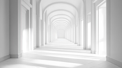 White Arched Hallway with Doors and Sunlight