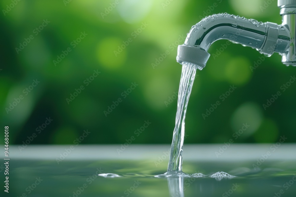 Poster close-up of water flowing from a faucet, creating ripples in a serene environment filled with greene
