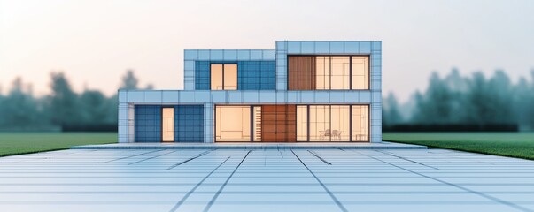 Modern house design featuring sleek lines and large windows, set against a tranquil landscape, perfect for architecture inspiration.