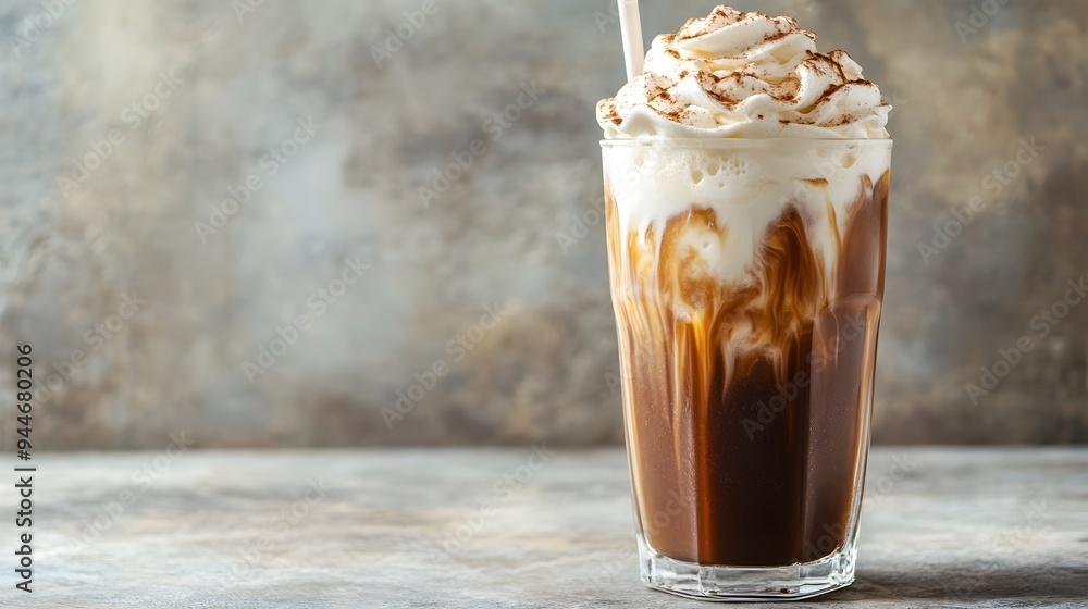 Poster a tall glass filled with a chilled creamy iced coffee beverage topped with a generous layer of whipp