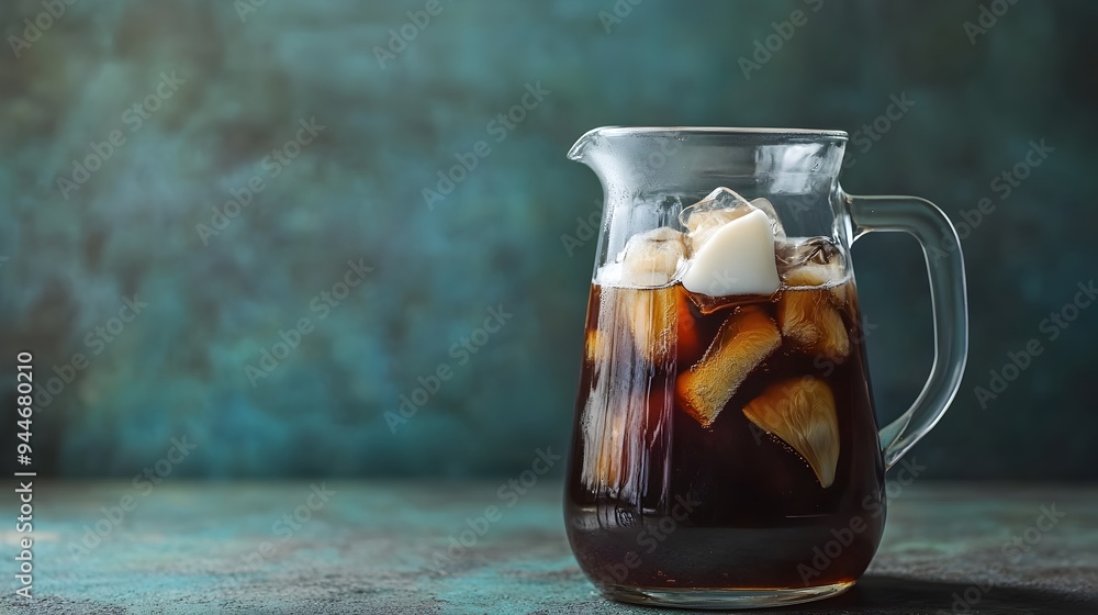 Poster refreshing cold brew coffee served in a minimalist glass pitcher with milk and ice cubes offering a 