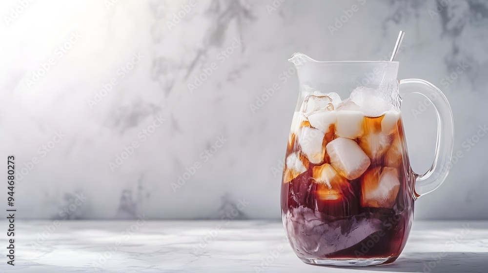 Poster refreshing cold brew coffee with milk and ice served in a pitcher on a wooden table ready to enjoy w