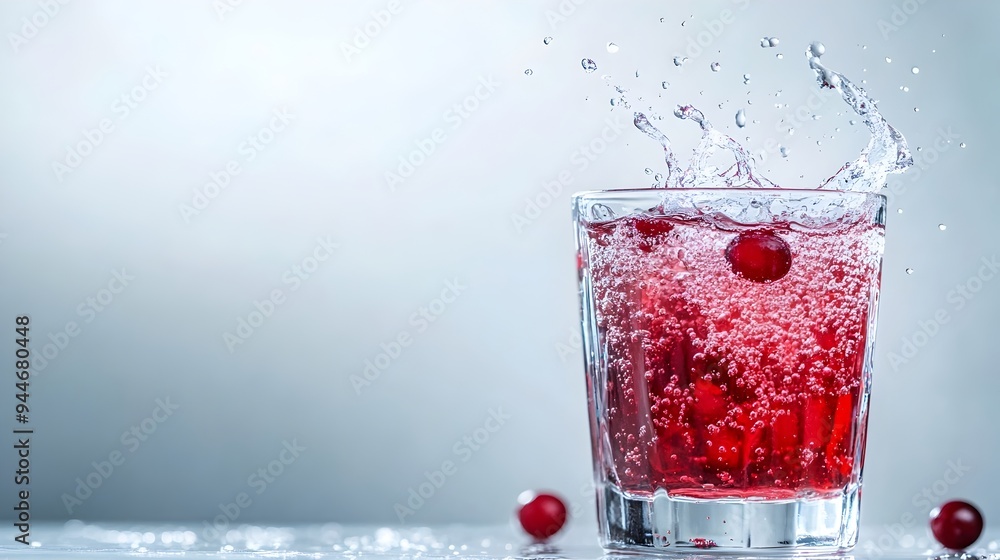 Poster close up shot of a glass filled with sparkling water and a splash of vibrant cranberry juice creatin