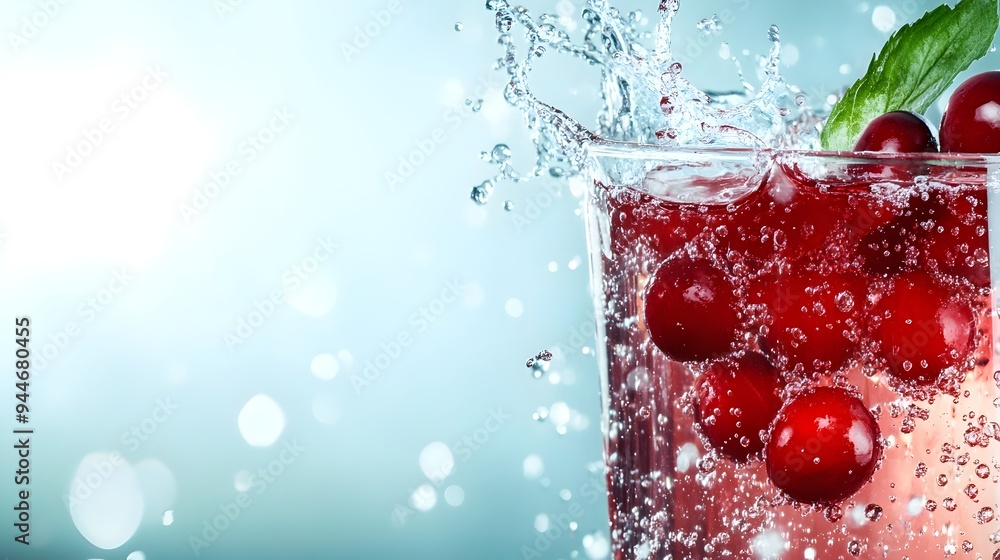 Poster refreshing glass of sparkling water with a vibrant splash of cranberry juice creating a visually app