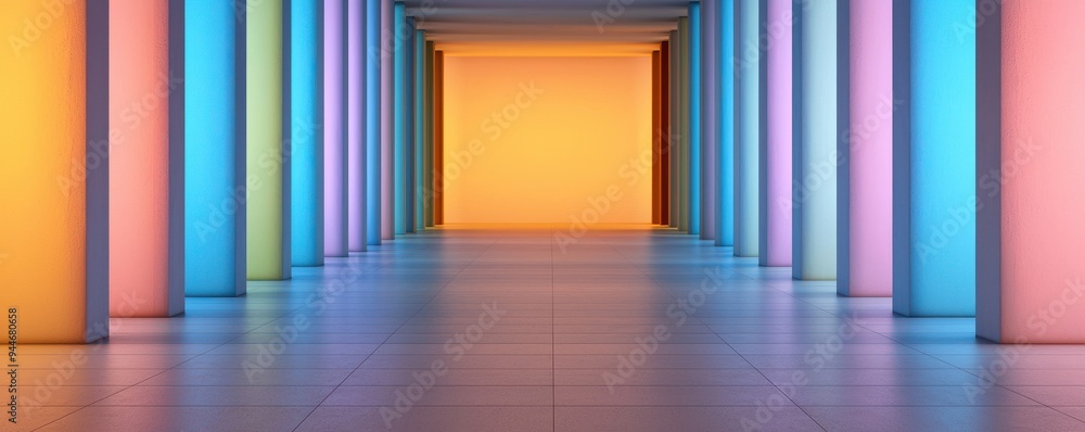 Poster a vibrant corridor with colorful illuminated columns, creating a modern and artistic atmosphere.