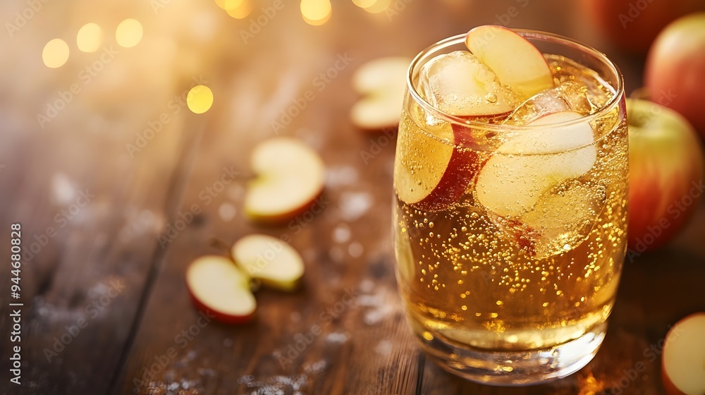Poster refreshing glass of sparkling cider with fresh apple slices arranged on a rustic wooden surface prov