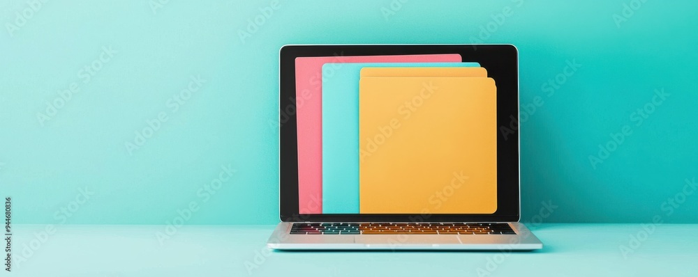 Poster a vibrant laptop displaying colorful folders representing digital organization and productivity in a