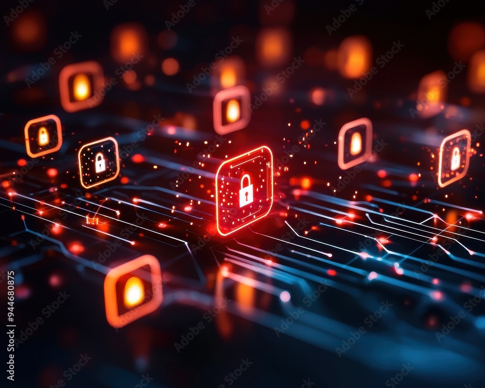 Poster digital security concept with glowing lock icons on a network background, symbolizing data protectio