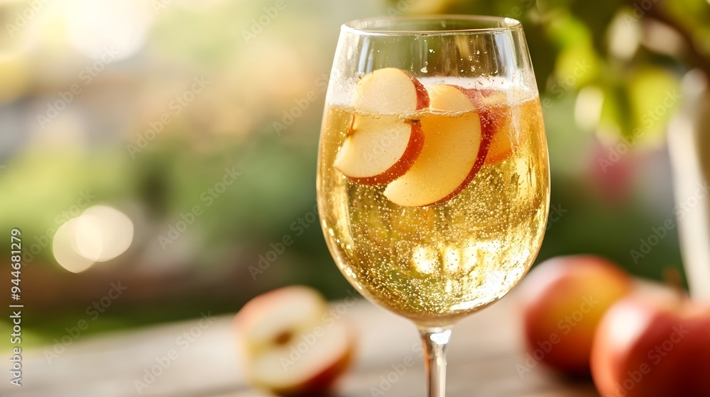 Poster refreshing glass of sparkling apple cider with fresh apple slices arranged on a rustic wooden table 