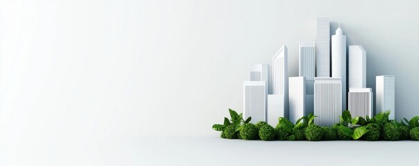 Fototapeta premium A modern city skyline design featuring sleek, white buildings surrounded by vibrant green leaves, symbolizing urban sustainability.