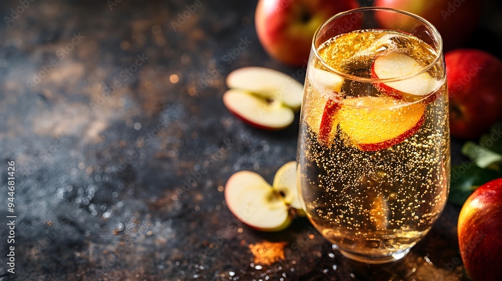 Poster a glass of sparkling golden cider with thin apple slices floating in the liquid creating a refreshin
