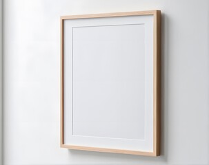 Minimal wooden picture poster frame mockup on white wallpaper 