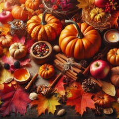 A bunch of pumpkins, colorful dried leaves and fall decorations. Autumn holiday background. 