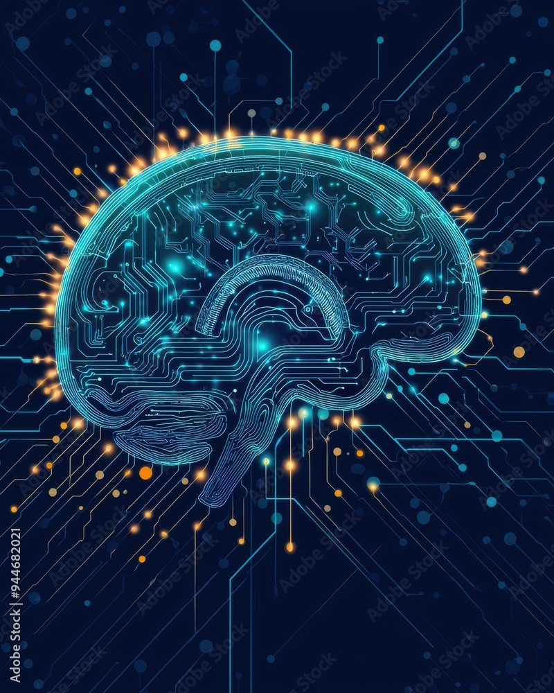 Poster futuristic digital brain with glowing circuitry and lights, symbolizing artificial intelligence and 