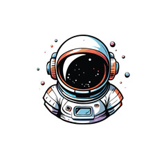 An illustration of a cartoon spaceman with a helmet depicting a starry sky and small floating colorful bubbles. © makyas