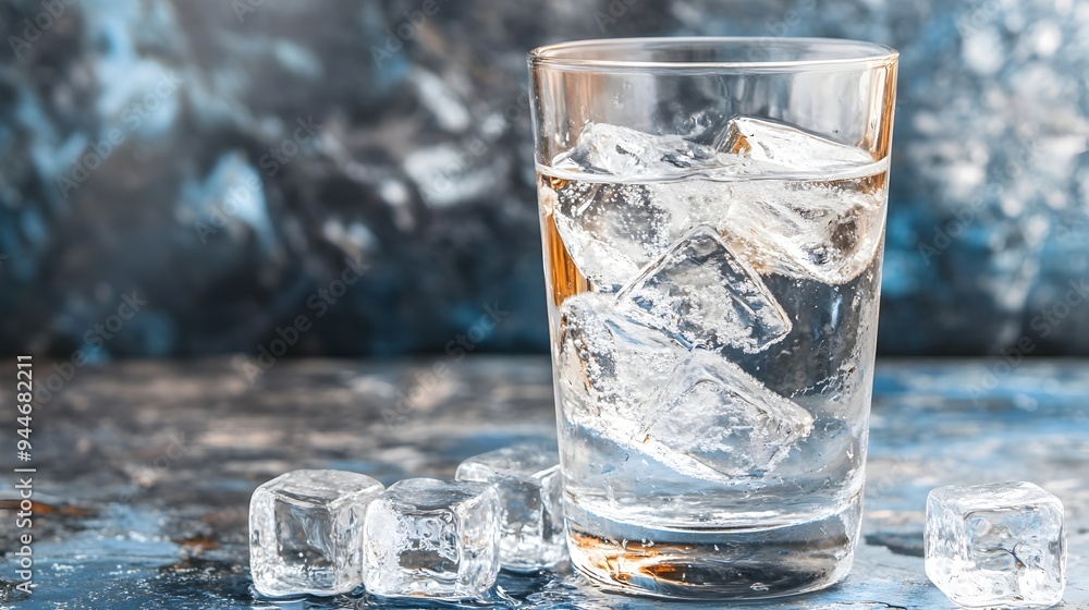 Aufkleber closeup of a glass filled with clear cold mineral water and ice cubes with empty copyspace for text 