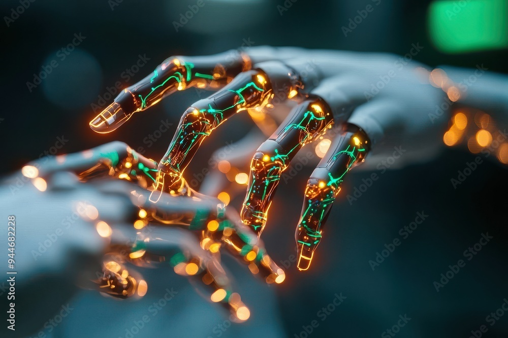 Poster futuristic robotic hands with glowing circuits interacting in a high-tech environment, showcasing ad
