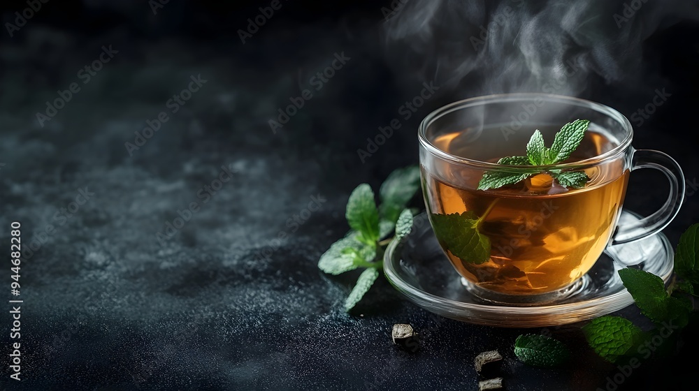 Poster steaming hot cup of fragrant peppermint tea with fresh green leaves surrounded by a minimal overhead