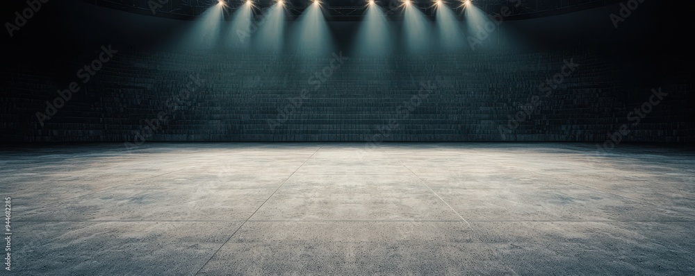 Poster an empty stage illuminated by bright lights, creating a dramatic atmosphere for performances and eve
