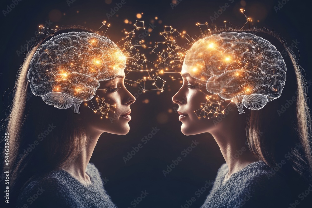 Aufkleber digital rendering of two human profiles with glowing golden brains symbolizing intellectual harmony 