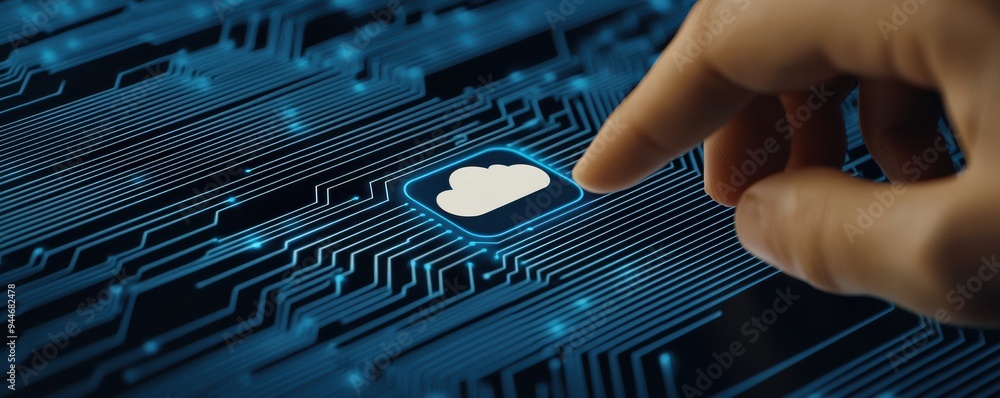 Poster futuristic digital interface featuring a hand pressing a cloud icon, symbolizing data storage and cl
