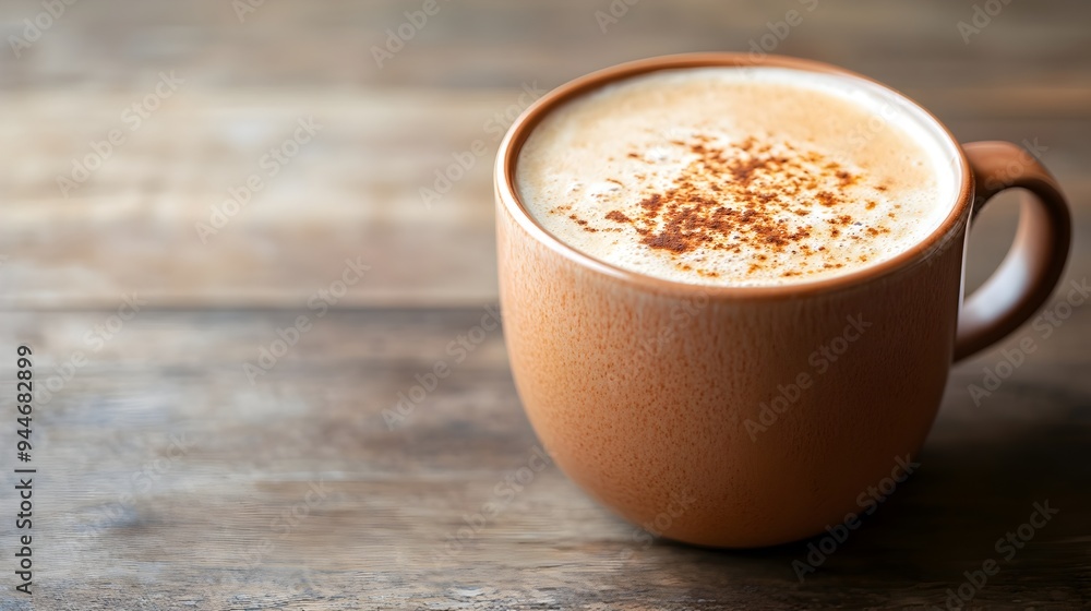 Poster a steaming hot and frothy chai latte in a large ceramic mug with ample copy space for text overlay o