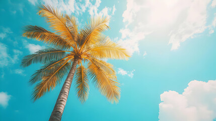 Palm Tree Against Blue Sky with White Clouds