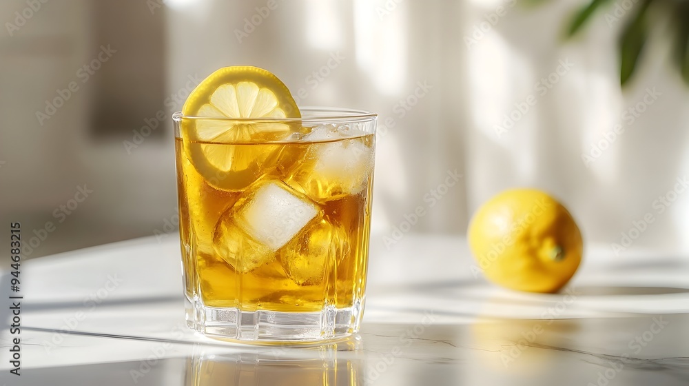 Poster refreshing and healthy iced green tea with a fresh lemon slice in a transparent glass set against a 
