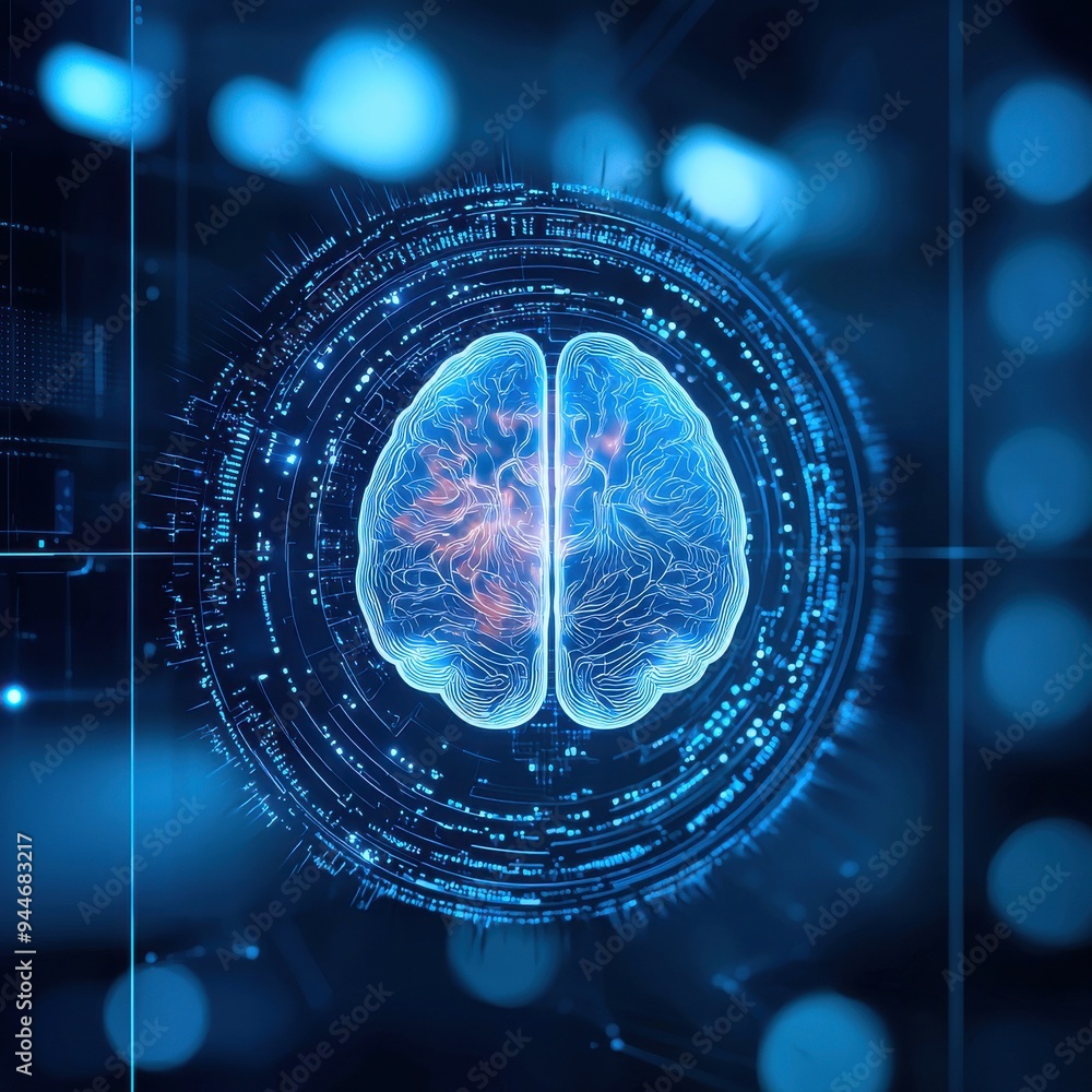 Poster modern digital representation of a brain, showcasing neural connections and data flow, symbolizing i