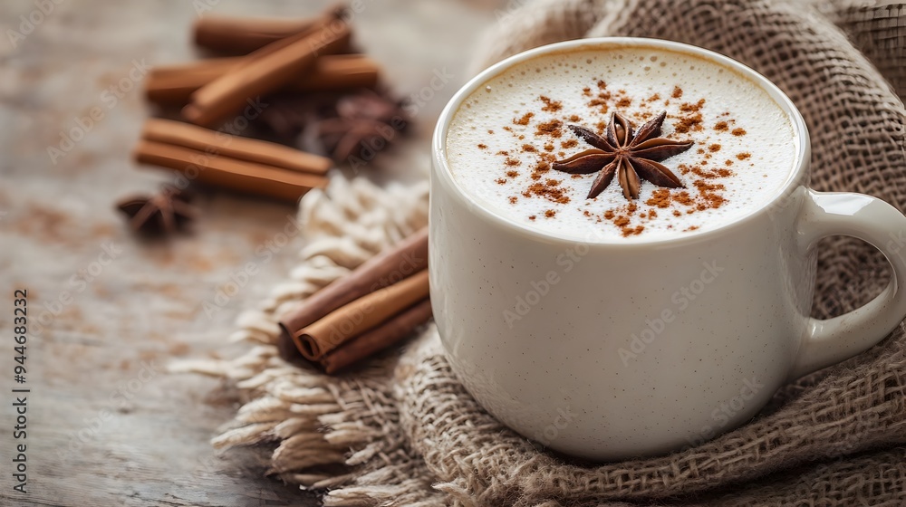 Poster freshly brewed and frothy chai latte in a large ceramic mug set against a warm and inviting cafe bac