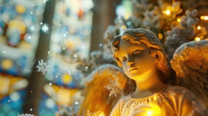 A festive angel statue with golden lights and a light dusting of snow stands beautifully, the warm glow and intricate details creating a sense of holiday wonder.