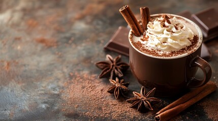 Cozy and indulgent cup of hot chocolate with a cinnamon stick and a swirl of whipped cream perfect for a relaxing winter break or holiday season