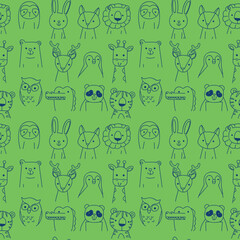 Naklejka premium Cute seamless pattern with, sloth, bunny, lion, fox, penguin, crocodile, tiger, owl, panda, polar bear, bear, reindeer and giraffe. Hand drawn vector illustration.