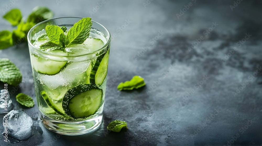 Poster closeup view of a glass filled with fresh cucumber and mint infused water a healthy and hydrating su