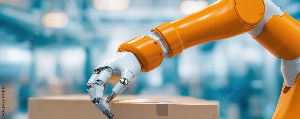 Poster robotic arm handling a cardboard box in a modern warehouse environment, showcasing advanced automati