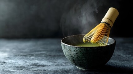 Steaming hot cup of traditional Japanese matcha green tea with a bamboo whisk ready for a peaceful morning ritual or moment of relaxation