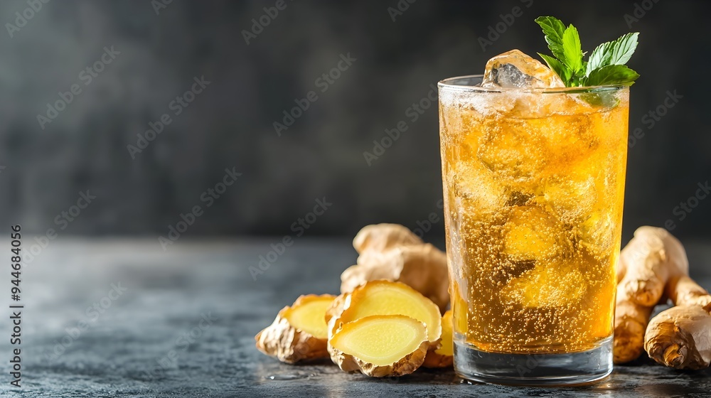 Poster refreshing iced ginger ale with fresh ginger and citrus slices on a simple modern background this cl