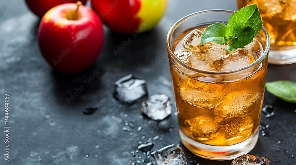 Poster refreshing glass of cold apple juice with ice cubes minimal background with copy space for mockup or