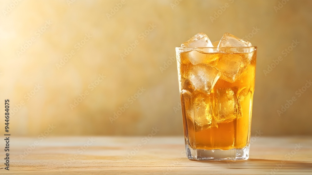 Poster refreshing glass of cold apple juice with ice cubes showcasing a minimalist and clean background wit