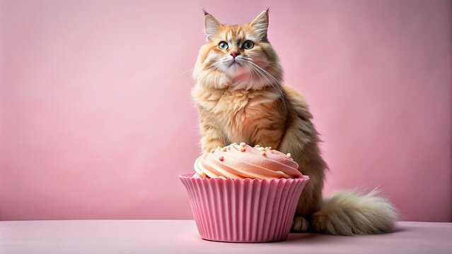 Fluffy pink cat sitting on a giant cupcake, cat, pink, fur, fluffy, cupcake, dessert, cute, sweet, feline, whimsical, adorable